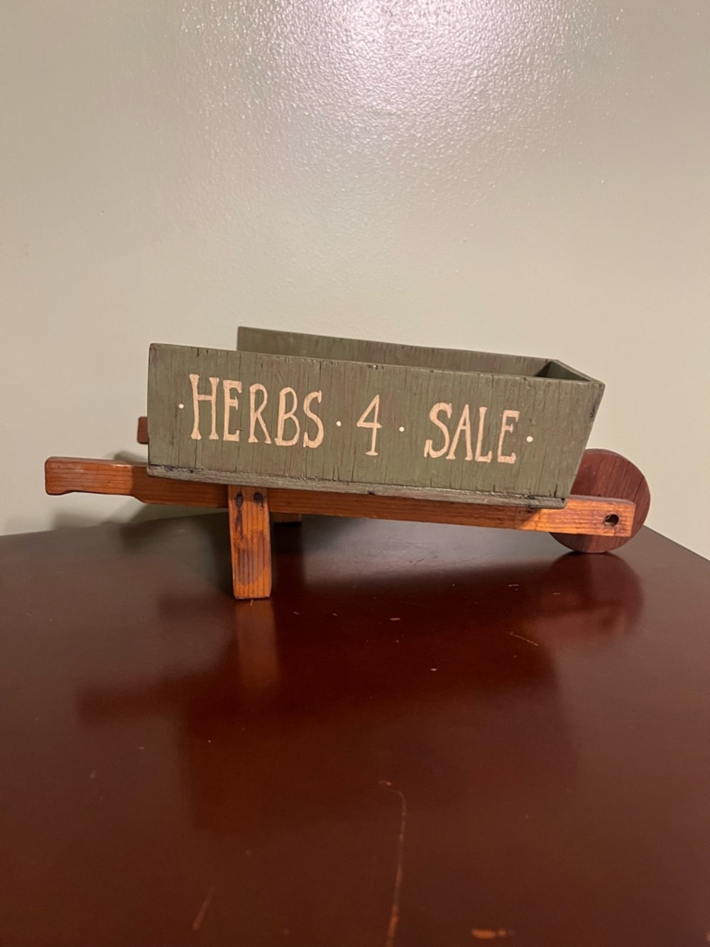 Wooden Wheelbarrow Planter Box "HERBS 4 SALE" - Green & Brown